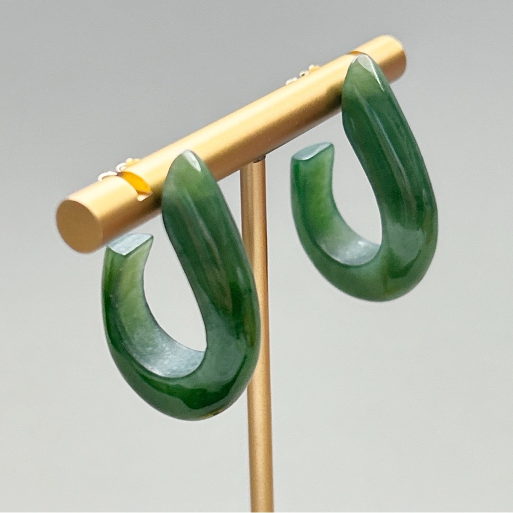 Vintage Green Jade 14 Karat Gold J Hoop Earrings